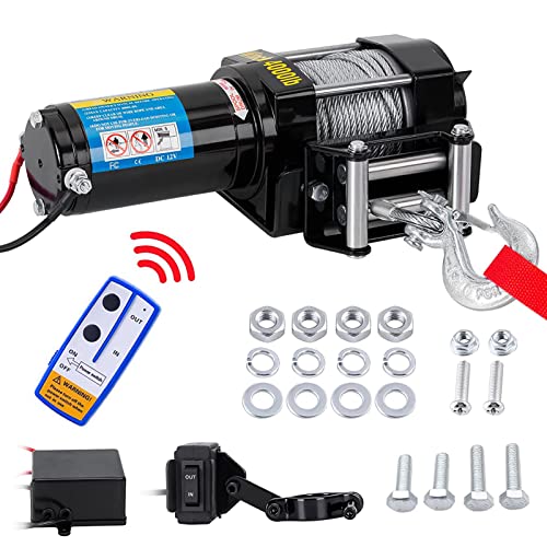 Elektrische Seilwinde, 12V Elektrowinde Winde mit Fernbedienung und Mobilteil, 4000lb/1800kg Zugkraft, 15m Stahlseil, Offroad Motorwinde Seilzug Elektrowinde Winde